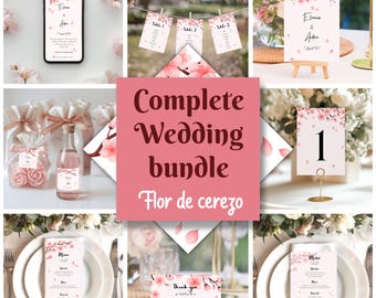 Conjunto de boda estilo japones, Flores de cerezo, Plantillas de boda con flores, Boda diseño en acuarela, Plantillas editables para boda