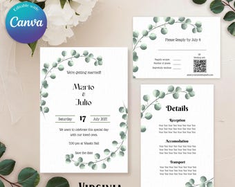 Invitación de boda con flores acuarela, Boda con temática floral, Invitación diseño Boho, Minimalista, Detalles y RSVP, Modelo Salvia Verde