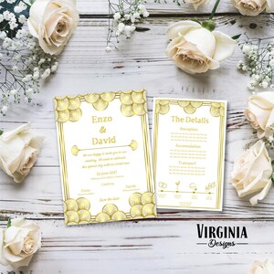 May include: Elegant wedding invitation suite featuring gold Art Deco design elements on a white background. The invitation includes the names "Enzo & David" and event details. Soft white roses and baby's breath surround the stationery.