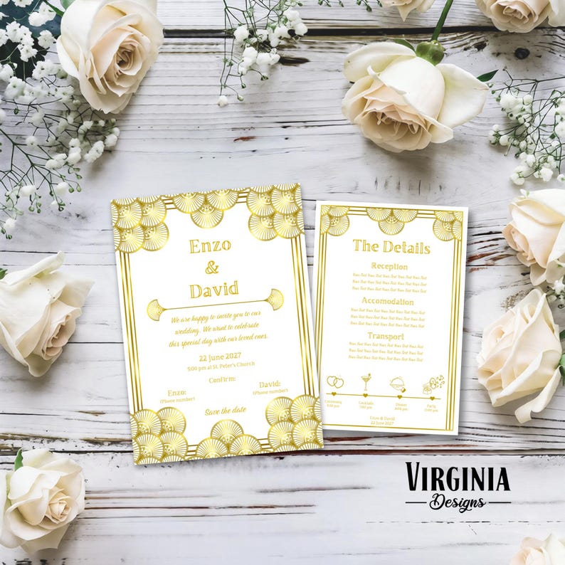 May include: Elegant wedding invitation suite featuring gold Art Deco design elements on a white background. The invitation includes the names "Enzo & David" and event details. Soft white roses and baby's breath surround the stationery.