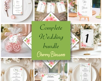 Paquete de boda estilo japonés, Plantillas de boda con flores, Diseño flor de cerezo, Flor sakura en acuarela , Plantillas editables de boda