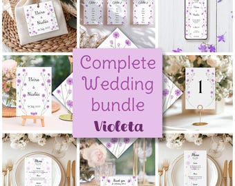Pack de boda estilo floral, Flores moradas en acuarela, Plantillas de boda con flores, Boda diseño boho, Plantillas de boda personalizadas