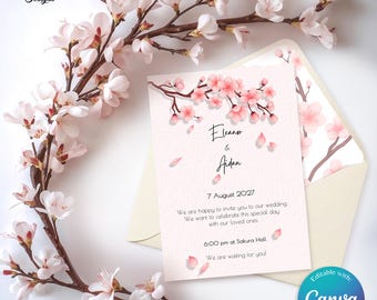 Invitación diseño flor de cerezo, Invitación de boda cerezo, Sakura en acuarela, Invitación japonesa, Detalles, RSVP, Modelo Flor de cerezo