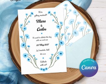 Invitación de boda con flores acuarela, Invitación con flores azules, Invitaciones de boda florales, Plantilla editable, Modelo Alice