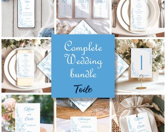 Pack de boda estilo toile francés, Plantillas editables para boda, Plantillas de boda con flores azules, Plantillas editables en Canva