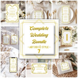 Puede incluir: Un paquete de boda completo en estilo Art Déco. La imagen muestra varios artículos de papelería, incluyendo invitaciones, menús, números de mesa y tarjetas de agradecimiento. Los diseños presentan bordes geométricos dorados y tipografía elegante sobre fondo blanco.