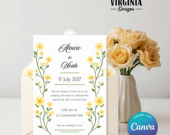 Invitación de boda de flores amarillas, Boda con temática floral, Invitación con flores silvestres, Detalles y RSVP, Modelo Golden Queen