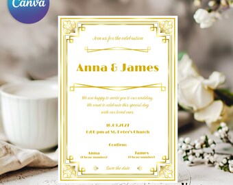 Art Deco wedding invitation, Editable invitation in Canva, Gold Art Deco invitation, Retro invitation, Wedding invitation template