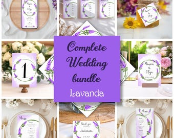Paquete de plantillas para boda, Diseño de flores de lavanda, Conjunto para boda, Plantillas con flores, Plantillas de boda para editar