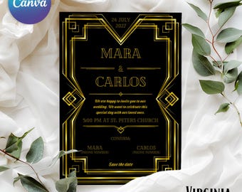 Art Deco style wedding invitation, Gold and black invitation, Geometric invitation, Great Gatsby design, Editable wedding invitation