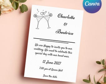 Invitación de boda con ilustración, Invitación boda divertida, Arte lineal, Diseño minimalista, Invitación personalizada, Plantilla de Canva