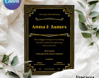 Art Deco style wedding invitation, Elegant wedding invitation, Wedding invitation template, Vintage invitation, Editable Canva invitation