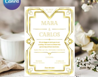 Art Deco style wedding invitation, Gold invitation template, Retro wedding invitation, Editable wedding invitation, Great Gatsby design