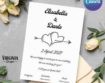 Invitación de boda con corazones, Invitación de boda minimalista, Arte lineal minimalista, Invitación personalizada, Plantilla de Canva