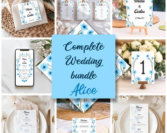 Conjunto floral de plantillas para boda, Plantillas de boda con flores azules, Flores en acuarela, Diseño botánico, Plantillas editables