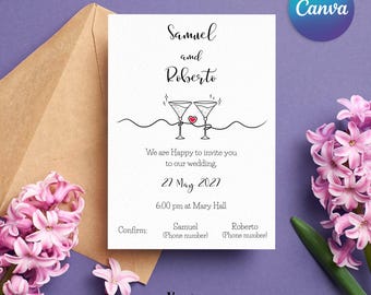 Invitación de boda divertida, Invitación con dibujo, Boda original, Diseño minimalista, Invitación de boda personalizada, Plantilla de Canva