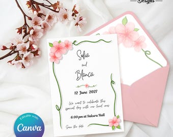 Invitación de boda diseño japonés, Invitación flor de cerezo, Boda estilo floral, Flor sakura, Detalles, RSVP, Canva, Modelo Cherry Blossom