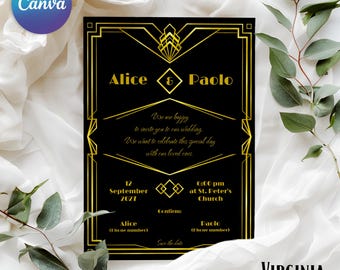 Invitación de boda, Boda vintage, Invitación Art Decó, Invitación negra, Invitación de boda original, Plantilla para editar, Estilo Art Decó