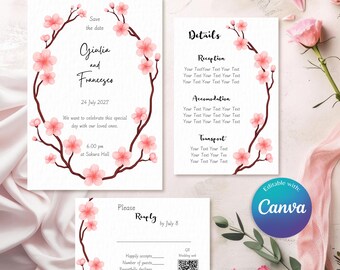 Invitación de boda flor de cerezo, Invitación japonesa, Invitación de boda con flores, Estilo japonés, Detalles y RSVP, Modelo Sakura