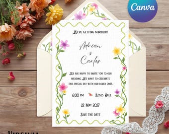 Invitación de boda con flores silvestres, Invitación diseño botánico, Plantilla Canva, Invitación con flores, Detalles, RSVP, Modelo Flores