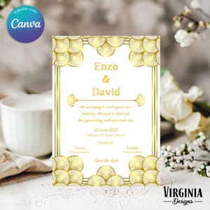 May include: A wedding invitation with a gold and white art deco design. The invitation features the names "Enzo & David" and the date "22 June 2027". The text "Save the date" is also included.