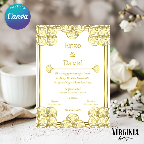 Plantilla de invitación de boda Art Decó, Invitación de boda Gatsby, Invitación boda años 20, Invitación de boda editable, Plantilla Canva