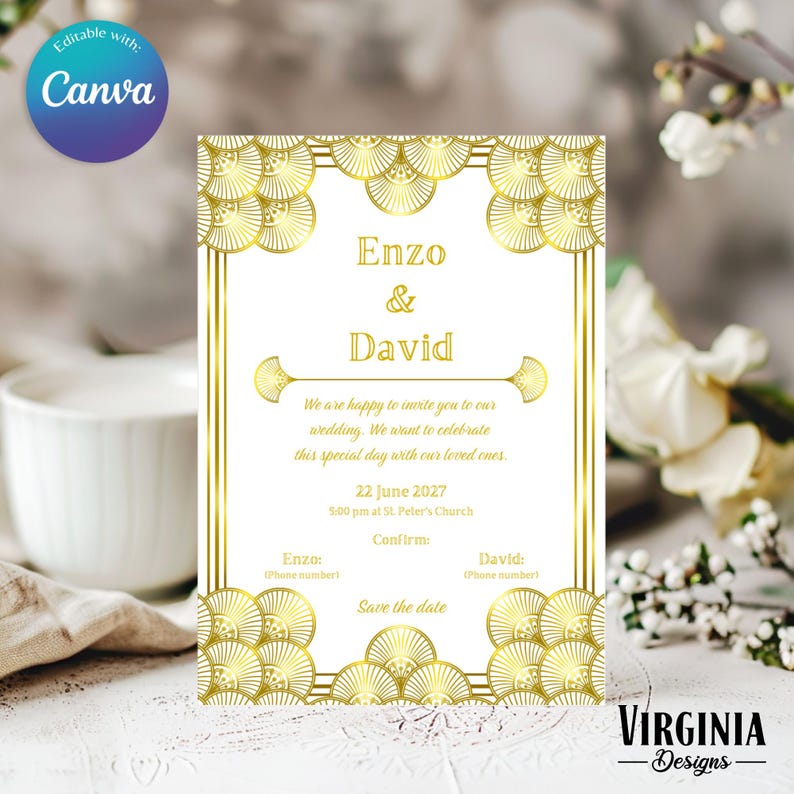 May include: A wedding invitation with a gold and white art deco design. The invitation features the names "Enzo & David" and the date "22 June 2027". The text "Save the date" is also included.