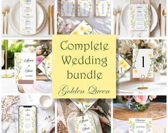 Pack de plantillas para boda, Plantillas de boda flores amarillas, Boda con temática floral, Paquete de boda floral, Plantillas editables