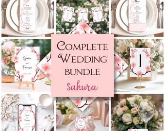 Conjunto de boda sakura, Plantillas de boda flores de cerezo, Plantillas estilo japonés, Paquete de boda floral, Plantillas para editar