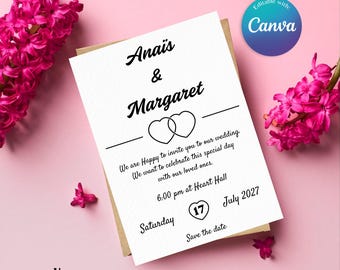 Invitación de boda minimalista, Invitación con corazones, Diseño romántico, Invitación sencilla, Invitación personalizada, Plantilla Canva