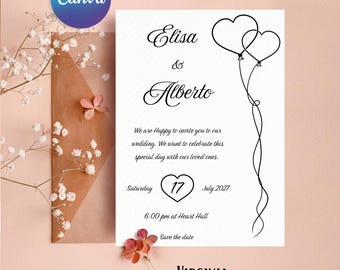 Invitación de boda sencilla, Invitación romántica, Invitación de boda minimalista, Plantilla de invitación de boda, Plantilla de Canva