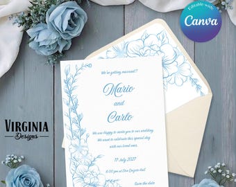 Invitación de boda flor azul, Diseño toile francés, Invitación de boda clásica, Detalles, RSVP, Plantilla editable en Canva, Modelo Toile