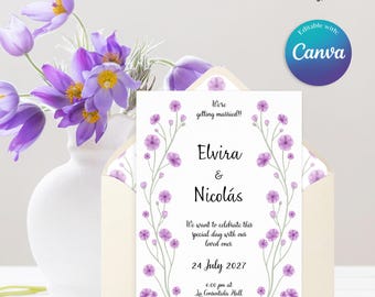 Invitación de boda de flores lilas, Invitación floral diseño botánico, Invitación con flores en acuarela, Detalles y RSVP, Modelo Violeta