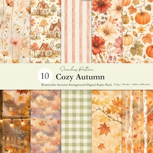 May include: A digital paper pack titled 10 Cozy Autumn featuring ten seamless watercolour patterns with autumn themes including houses, pumpkins, flowers, stripes, gingham, and fall foliage in shades of orange, yellow, green, and brown.