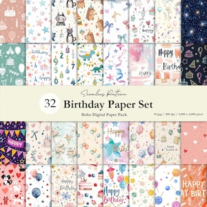 Birthday Party Seamless Pattern Set (32 Designs) – Birthday Digital Paper Pack