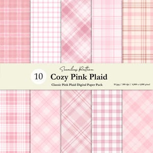 May include: A digital paper pack featuring 10 seamless patterns with various pink plaid and checkered designs. The image displays a collection of light and dark pink tartan motifs, including straight and diagonal lines, labelled as Cozy Pink Plaid.
