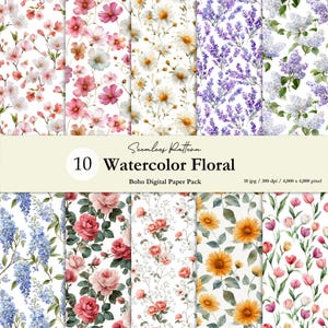 May include: A collection of ten watercolor floral seamless patterns. The patterns feature various flowers in shades of pink, white, yellow, and purple. The text on the image reads "10 Watercolor Floral Boho Digital Paper Pack."