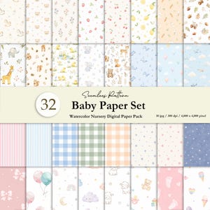 May include: A digital paper set featuring 32 seamless patterns with watercolor illustrations of animals, fruits, balloons, stripes, and gingham checks. The text reads Seamless Pattern Baby Paper Set Watercolor Nursery Digital Paper Pack 10 jpg 300 dpi 4,000 x 4,000 pixel.