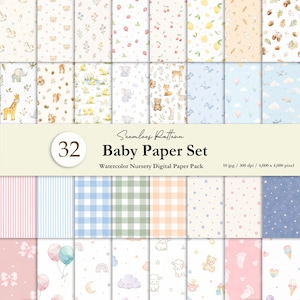 Peut inclure: Un ensemble de papiers numériques comprenant 32 motifs sans couture avec des illustrations à l'aquarelle d'animaux, de fruits, de ballons et de designs géométriques. Le texte indique Seamless Pattern 32 Baby Paper Set Watercolor Nursery Digital Paper Pack 10 jpg 300 dpi 4 000 x 4 000 pixels.