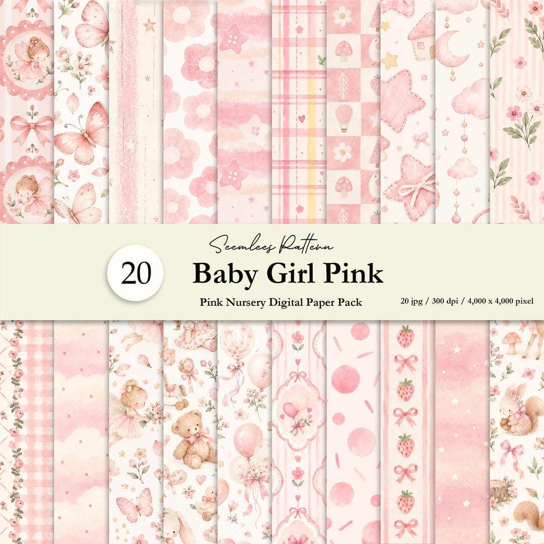 Baby Girl Seamless Patterns Bundle, 20 Pink Nursery Digital Papers ...