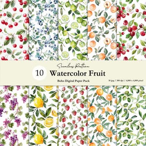 Conjunto de patrones sin costuras de frutas en acuarela (10 diseños) – Paquete de papel digital estilo boho