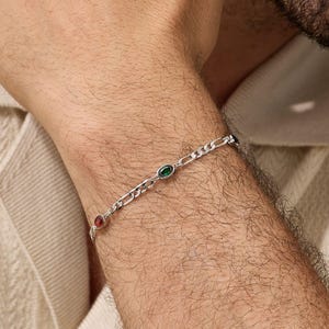 Custom Sterling Silver Men's Bracelet with Figaro Chain, Birthstones Bracelet for Men,Dad Bracelet, Father's Gift, Gift for Him,Gift for Men