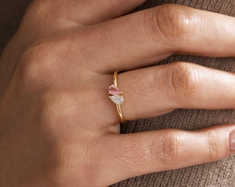 Custom Toi Et Moi Birthstone Ring, Minimalist 2 Birthstones Ring, 14K Gold Daily Wear Ring, Bestfriend Gift, Gift for Mom, Gift for Her