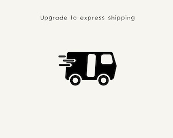 May include: A black icon of a delivery van with motion lines on the left side, positioned below the text Upgrade to express shipping. The graphic is centred on a plain, light-coloured background, representing a fast transport service option.