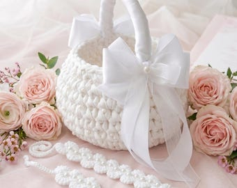 Beaded Flower Girl Basket Set, Coordinated Bridal Party Look, Crochet Wedding Accessories Collection