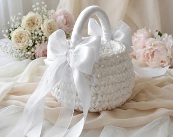 Pearl Flower Girl Basket, Satin Ribbon Wedding Pouch, Crochet Bridal Accessory Bundle