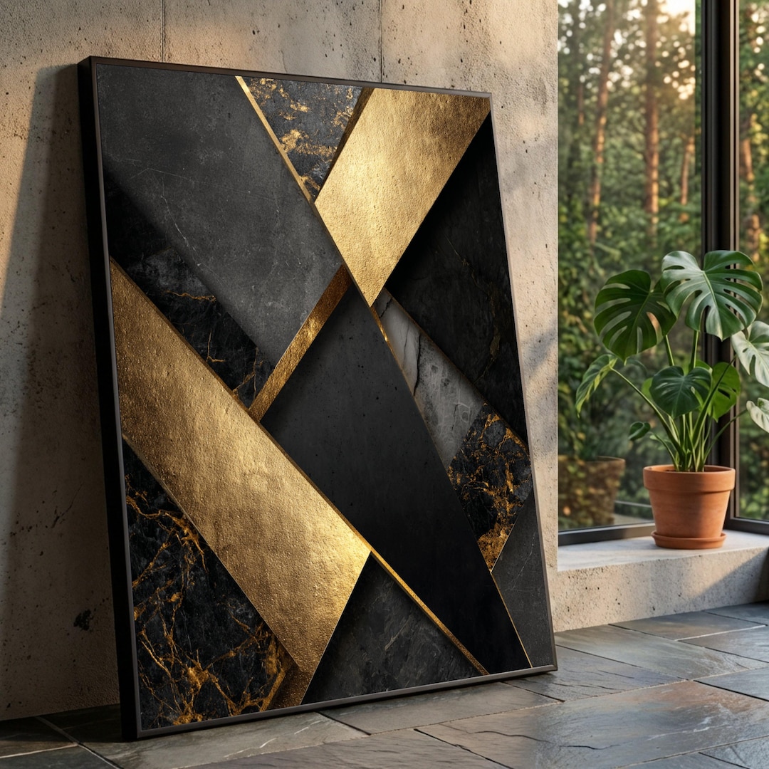 Modern Abstract Gold and Black Geometric Canvas Wall Art, Luxury ...