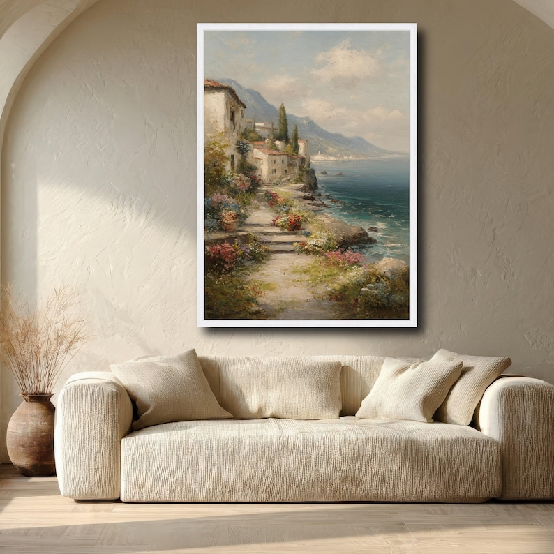 Coastal Village Pathway Canvas, Mediterranean Sea View Wall Art, Rustic ...