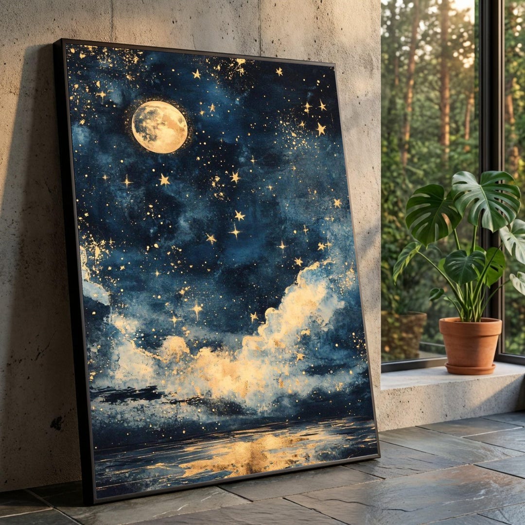 Celestial Night Sky Canvas, Golden Moon and Stars Wall Art, Dreamy ...