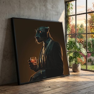 Elegante retrato de pantera en lienzo, arte de pantera negra, sofisticado lienzo de animales, decoración moderna para pared, arte lujoso para el hogar.